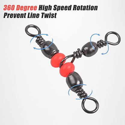 SILANON 3 Way T-Turn Barrel Swivels Fishing Tackle,40pcs Brass Barrel Triple Swivel Cross Line 3 Way Barrel Fishing Connector with Red Fishing Beads for Freshwater Saltwater Test 20-100LB - size: 5*7# 40pcs