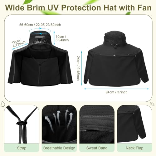 Maiteenly 2 Pcs Solar Fan Hat for Men with Neck Flap Bucket Fan Buit in Hats for Hiking Fishing Outdoor USB and Solar Powered - color: Black,khaki
