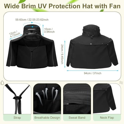 Maiteenly 2 Pcs Solar Fan Hat for Men with Neck Flap Bucket Fan Buit in Hats for Hiking Fishing Outdoor USB and Solar Powered - color: Black,khaki
