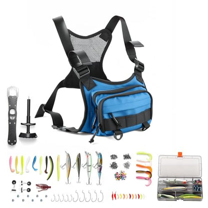 All in One Fishing Chest Pack Tackle Bag with Tackle Box, Fishing Lures Kit, Hook Remover Tool, Fish Lip Gripper, Fishing Plier Friendly for Beginners & Professional Anglers Gifts for Men (Blue) - color: Blue
