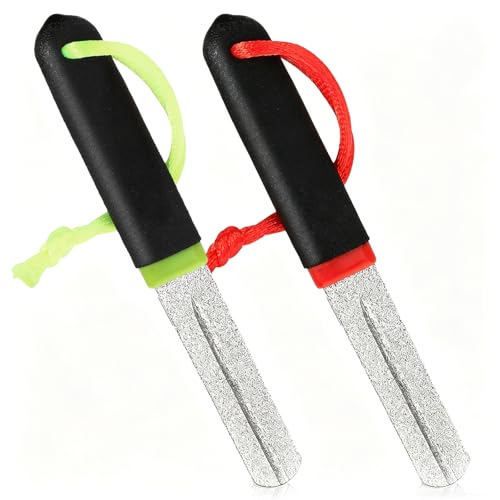 Yuanchu 2Pcs Hook Sharpener, Fishing Hook File for Diamond File with Handle, Portable Grinding Tool with Double Sided Fine Medium Grit - color: Red + Green