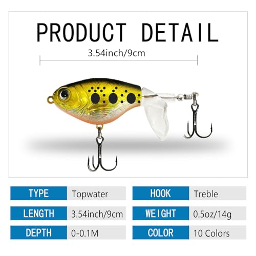 10Pcs Top Water Fishing Lures with Floating Rotating Tail Whopper Fishing Lure for Bass Barb Treble Hooks in Saltwater Freshwater Plopping Lures Kit
