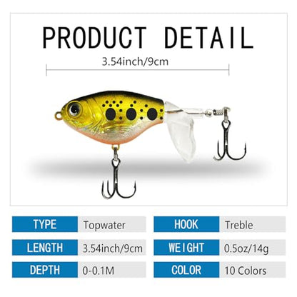 10Pcs Top Water Fishing Lures with Floating Rotating Tail Whopper Fishing Lure for Bass Barb Treble Hooks in Saltwater Freshwater Plopping Lures Kit