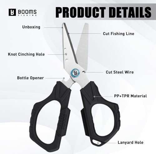 Booms Fishing Braided Line Cutter: 6.3in Multifunction Fishing Scissors with Lanyard and Sheath - Fishing Shears with Serrated Blades and Side Wire Cutter, S04 - style: Scissors with Lanyard & Sheath