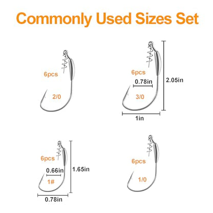 24pcs Weighted Swimbait Hooks Set with Box, EWG Weedless Fishing Hooks with Spring Screw Lock, Saltwater Freshwater Worm Fishing Hooks for Bass Walleye Catfish, 1#, 1/0, 2/0, 3/0, 6pcs Each Size