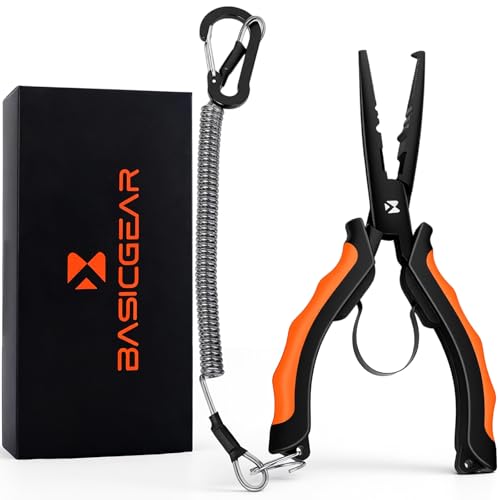 BasicGear Heavy-Duty Fishing Pliers - 7" S45C Carbon Steel Head with Teflon Coating, External Spring & Steel-Core Lanyard - color: S45c Carbon Steel