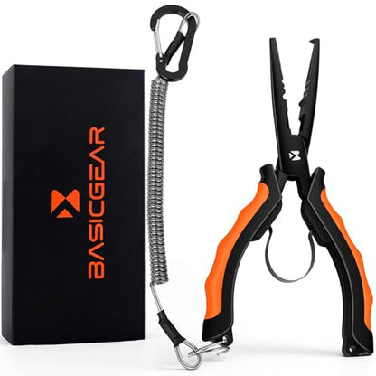 BasicGear Heavy-Duty Fishing Pliers - 7" S45C Carbon Steel Head with Teflon Coating, External Spring & Steel-Core Lanyard - color: S45c Carbon Steel