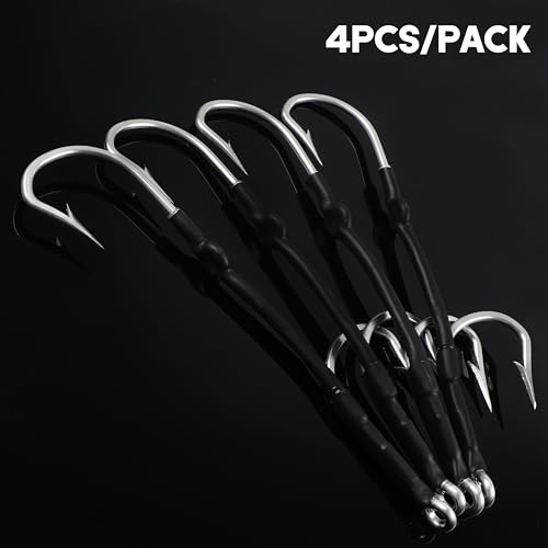 Double Hooks Rig for Trolling Chunking,4pcs Saltwater Trolling Hooks Stainless Steel Double Trolling Hooks Large Big Game Fishing Hooks for Marlin Shark Tuna Wahoo Dorado Fishing - size: 13/0-4pcs