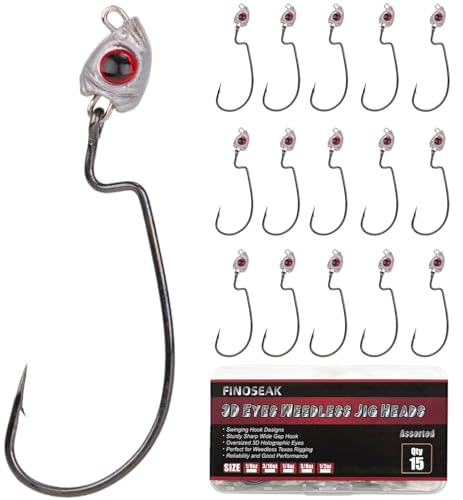 Vivid Fish Eyes Swimbait Jig Heads for Fishing, 15Pcs Swing Bass Jigheads Lifelike Weedless Jig Heads for Ned Rig or Texas Rig 1/8 3/16 1/4 3/8 1/2oz - size: Size Assorted, 15Pcs