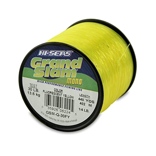 HI-SEAS Grand Slam Monofilament Fishing Line - Strong & Abrasion Resistant in Clear, Pink, Green, Smoke Blue, Fluorescent Yellow Freshwater & Saltwater – Quarter Pound Spool - color: Flourescent Yellow, style: 30 Lb Test, 0.55 Mm Dia, 440 Yd