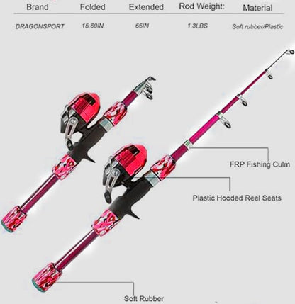 Kids Fishing Pole Spincast Youth Fishing Pole Tackle Box - with Net,Travel Bag,Rod and Reel Kit for Boys and Girls, Youth or Beginner’s - color: Pink