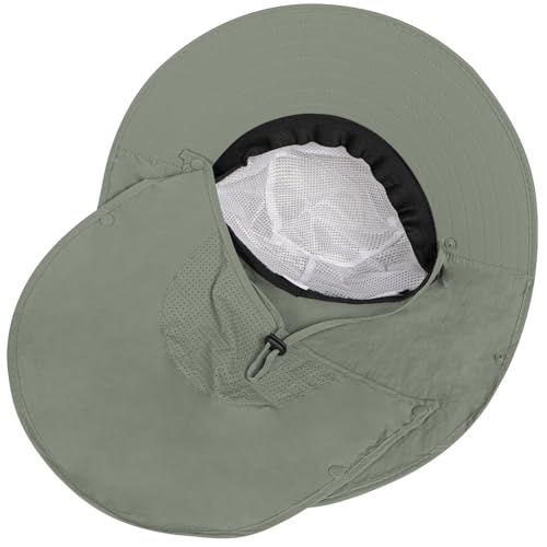 Rosoz Sun Hat for Men Women with Neck Flap,Wide Brim UPF50+ Fishing Hat with Detachable Face Cover Outdoor Sun Protection Hat - color: 1pack-army Green