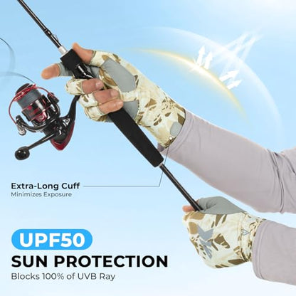 KastKing Agies Fishing Gloves Men, UPF 50+ Sun Gloves UV Protection, Cooling Quick-Dry 3/4 Fingerless Gloves with Extended Cuff, Microfiber Palm & Pull Tabs, for Fishing, Kayaking, Hiking, Hunting - color: X Camo-Neutral, size: Large-X-Large