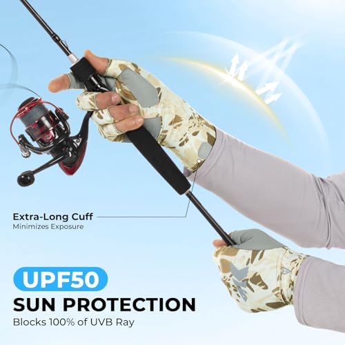 KastKing Agies Fishing Gloves Men, UPF 50+ Sun Gloves UV Protection, Cooling Quick-Dry 3/4 Fingerless Gloves with Extended Cuff, Microfiber Palm & Pull Tabs, for Fishing, Kayaking, Hiking, Hunting - color: X Camo-Neutral, size: Small-Medium