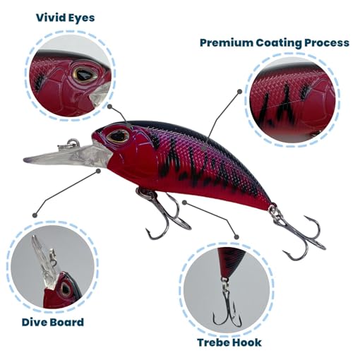 Bestac Fishing Lures Hard Bait Deep Diving Swimbait Crankbait Topwater Lures with Treble Hooks 3D Eyes for Bass Trout Freshwater and Saltwater Depth 1-1.5m Weight 14.5g - color: #2