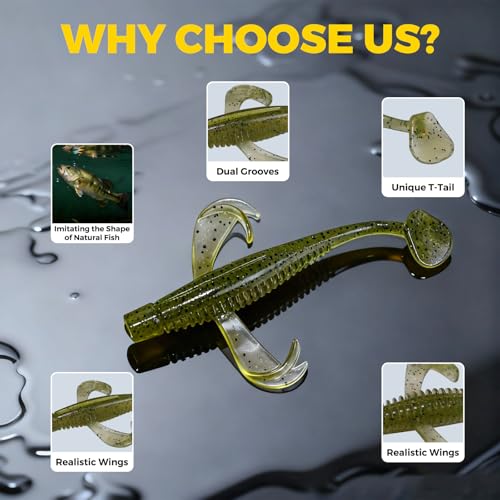Paddle Tail Swim Baits, 30Pcs TPE Fishing Lures, Unique Vibrating Swim Action, Shaky Sinking Motion, Crappie Lures, for Saltwater/Freshwater - color: Green Shad