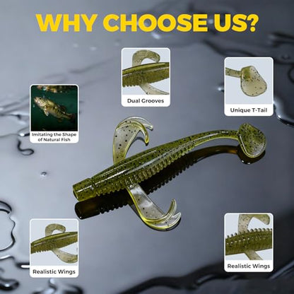 Paddle Tail Swim Baits, 30Pcs TPE Fishing Lures, Unique Vibrating Swim Action, Shaky Sinking Motion, Crappie Lures, for Saltwater/Freshwater - color: Green Shad