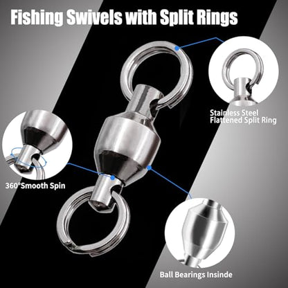 FishTrip 25/50pcs Ball Bearing Swivels with Split Rings for Saltwater | High Strength, Stainless Steel, Ball Bearing Smooth Rotation, Fishing Swivels & Snap Speed Clips Change Connector 0#-8# - size: Assorted_50pcs