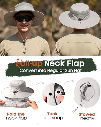 FURTALK Sun Hats for Men Women Fishing Hat with Neck Flap UPF 80+ Breathable Wide Brim Hiking Safari Summer Bucket Hats - color: Light Grey