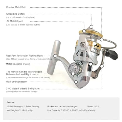 Compact Small Spinning Reels, 5.2:1 Gear Ratio, Ultra Smooth Powerful, CNC Aluminum Spool, 12+1 BB Light Weight for Ice, and Freshwater All Season Fishing