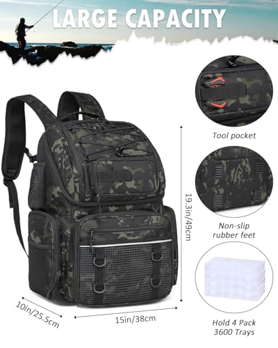 HAMBOLY Fishing Backpack with Tackle Boxes, 50L Fishing Tackle Bag with Cooler & Rod Holders, Waterproof Tackle Bag for Men - color: Dark CM
