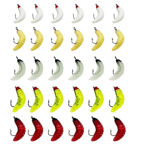 30pcs/Box 5 Colors PVC Maggots Fishing Baits Worms with 8# Hooks Glow Fishing Maggots/Grubs/Crappie Jigs Hooks for Trout, Crappie, Pan Fish, Bluegill