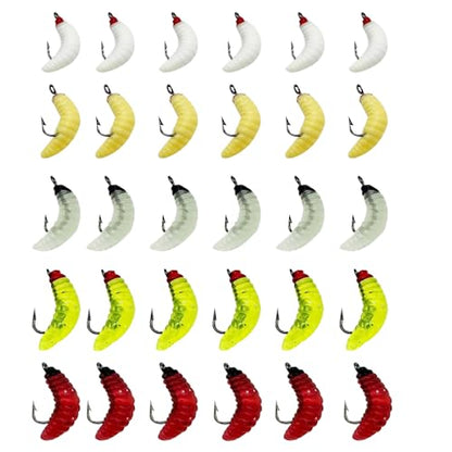 30pcs/Box 5 Colors PVC Maggots Fishing Baits Worms with 8# Hooks Glow Fishing Maggots/Grubs/Crappie Jigs Hooks for Trout, Crappie, Pan Fish, Bluegill