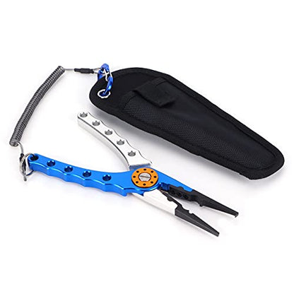 Fishing Pliers Saltwater, Split Pliers Hook Remover, with Safety Lock, Split Pliers Tools, with Sheath and Lanyard, Aluminum Alloy Multi Function Fish Tools - color: Blue Silver