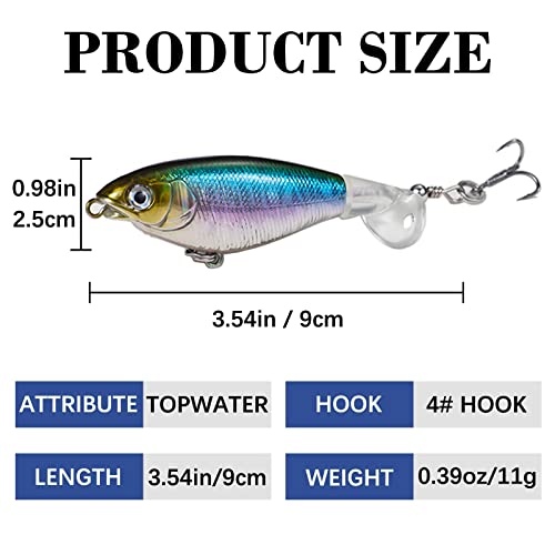 Topwater Fishing Lures for Bass, Whopper Popper Lures with Realistic 3D Eyes and Rotating Tails for Freshwater and Saltwater - 5pcs Set