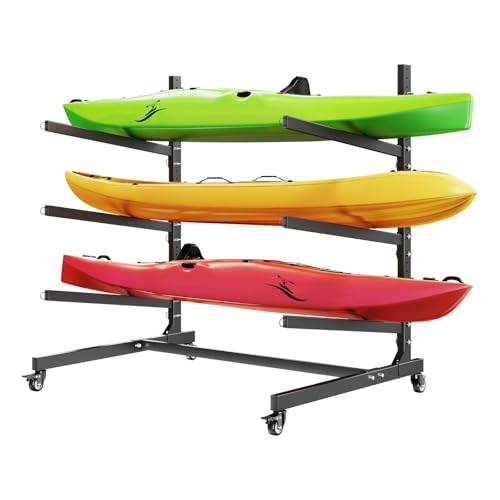 VEVOR Kayak Storage Rack, Heavy Duty Adjustable Freestanding Stand with Lockable Wheels for Indoor Outdoor Garage Shed Dock, Holder for Canoe, SUP, Surfboard & Paddleboard - style: Stand-3 Kayaks-black