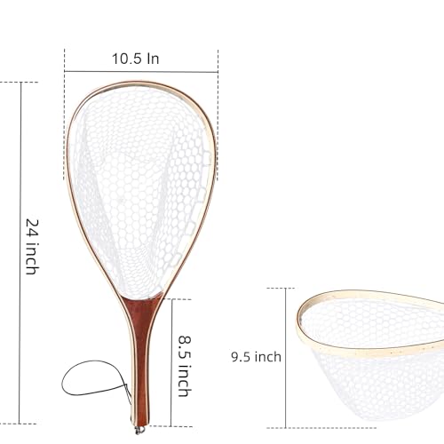 Hipicute Fly Fishing Net, Trout Net, Wooden Frame Fly Fishing Landing Net with Soft Rubber Mesh for Catch and Release, Lightweight Fish Net for Trout Bass, Fly Fishing Gear for Stream Fishing - color: White-02, style: Round Holes-01