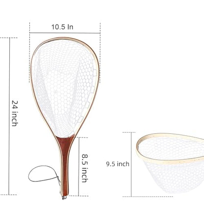 Hipicute Fly Fishing Net, Trout Net, Wooden Frame Fly Fishing Landing Net with Soft Rubber Mesh for Catch and Release, Lightweight Fish Net for Trout Bass, Fly Fishing Gear for Stream Fishing - color: White-02, style: Round Holes-01