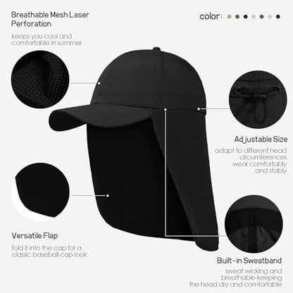 Mens XXL Sun Hats with Neck Flap UPF 50+ Waterproof Baseball Cap Adjustable Breathable Quick Dry Outdoor Fishing Hat - color: Blcak, size: X-Large-XX-Large