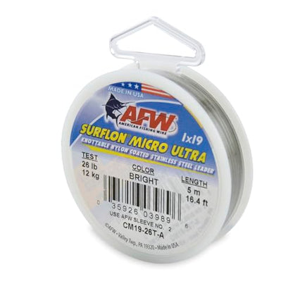 American Fishing Wire Surflon Micro Ultra Nylon Coated 1x19 Stainless Steel Leader Wire - Knottable Fishing Leaders Saltwater & Fly Fishing, 6lb Test - 61lb Test, Bright, Black & Camo Colors - color: Bright, style: 5 Meter, 26 Pound Test