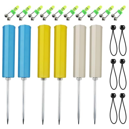 6pack Fishing Rod Holder Ground Support with Bite Alarm Bells, Bungee Cords | Fishing Pole Holder for Bank Beach River Lake Spikes Stand Rack, Night Fishing Gear, Reinforced PVC
