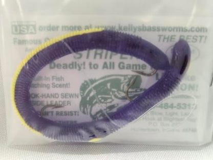 Kelly's Striper 12 Pack Anise Scented 3 Hook Pre-Rigged Worms, Plastic, 5.5 Inches, 8 Colors, Made in USA - color: Purple/Yellow