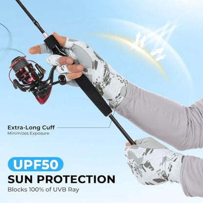 KastKing Agies Fishing Gloves Men, UPF 50+ Sun Gloves UV Protection, Cooling Quick-Dry 3/4 Fingerless Gloves with Extended Cuff, Microfiber Palm & Pull Tabs, for Fishing, Kayaking, Hiking, Hunting - color: X Camo-White, size: Small-Medium
