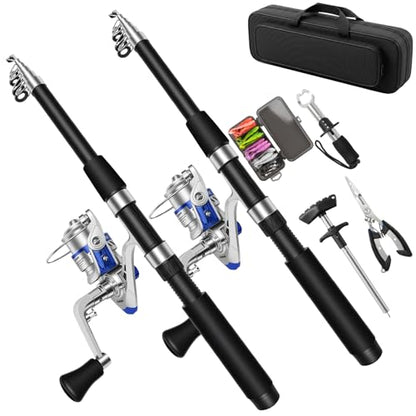 2.1M Telescopic Fishing Rod and Reel Combo Kit for Beginner Anglers, 2PCS Collapsible Fishing Poles + 2PCS Spinning Reels with Fishing Accessories Portable Fishing Gear Set for Saltwater Freshwater