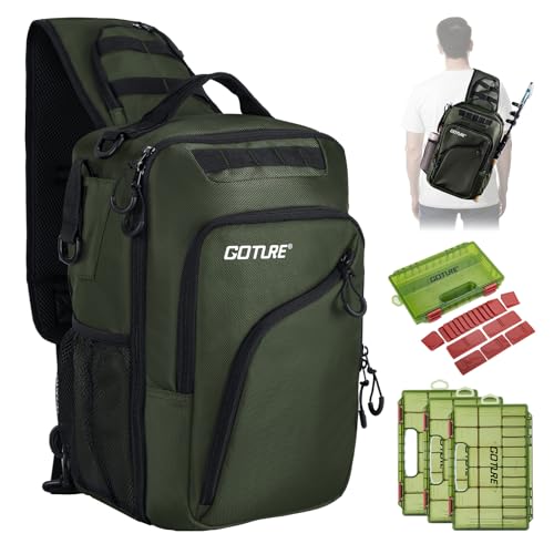 Goture Green Tactical Sling Fishing Bag with Trays, Heavy Duty 1680D Fishing Backpack for Hiking Camping, Adjustable Shoulder Strap with Rod Holder & Tool Pockets, Tackle Box Organizer Bag - color: Green, style: 1680d Double-strand Pu Backpack + (3)3600 T