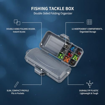 Kayak and Bank Fishing Essential: Double-Sided Folding Tackle Box with 12 Compartments for Lures, Slim PP Plastic Organizer - color: Gray