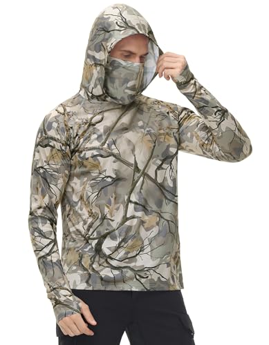 FISHEAL Men's Hunting Shirts with Mask - UPF 50+ Camo Long Sleeve Fishing Hoodie Shirt with Adjustable Drawstring - color: Autumn Forest, size: Medium