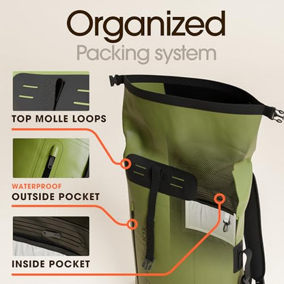 Earth Pak Waterproof Backpack - Heavy Duty Hiking Backpack - Roll-Top Closure Bag - Cushioned Dry Bag Waterproof Phone Case - color: Green, size: 55L