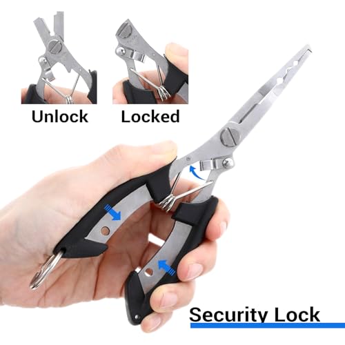 Xindojuz 1 PCS Fishing Pliers Hook Remover, Fishing Scissors Line Cutter, Split Ring Fishings Pliers Saltwater with Safety Lock, Stainless Steel Fishings Tools with Sheath, Gifts for Men Women