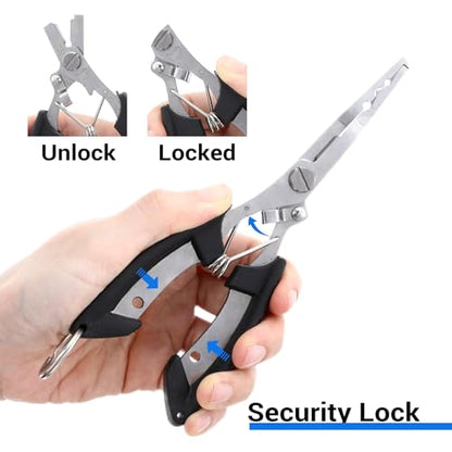 Xindojuz 1 PCS Fishing Pliers Hook Remover, Fishing Scissors Line Cutter, Split Ring Fishings Pliers Saltwater with Safety Lock, Stainless Steel Fishings Tools with Sheath, Gifts for Men Women
