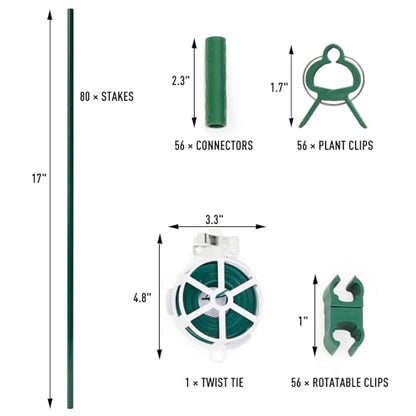 MAXPACE 249pcs Garden Stakes Kit: Includes 80 Sets of Fiberglass Plant Sticks Supports & Accessories for DIY 4ft, 5ft, 6ft, 7ft Stakes for Tomato, Vegetables, Indoor & Outdoor Gardening Supplies - size: 17inch 80pcs