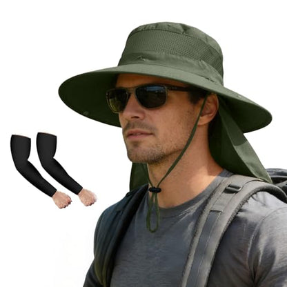 ZOORON Sun Hats for Men Women Fishing Hat with Neck Flap,UPF 50+ Sun Hat Waterproof Wide Brim Bucket Hats for Safari Hiking - color: 1-army Green-arm Sleeves