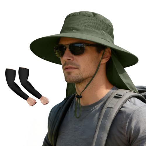 ZOORON Sun Hats for Men Women Fishing Hat with Neck Flap,UPF 50+ Sun Hat Waterproof Wide Brim Bucket Hats for Safari Hiking - color: 1-army Green-arm Sleeves
