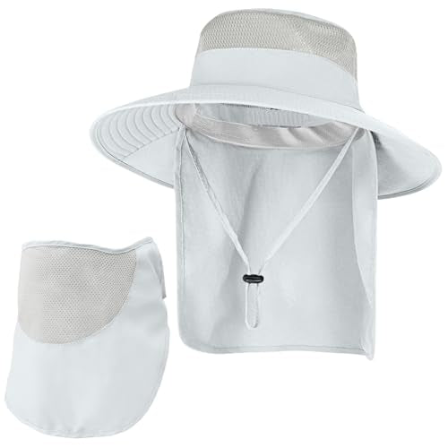Sun Hats for Men Women Fishing Hat UPF 50+ Breathable Wide Brim Bucket Hats Summer UV Protection Safari Hat with Neck Flap - color: Light Grey (With Face Cover)