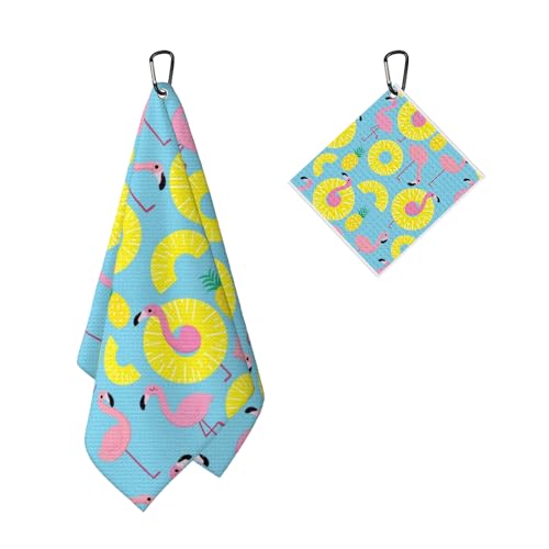 Flamingo Paradise Golf Towel for Golf Bags Carts Yellow Circles Pineapples Golf Towels with Clip B;ue Waffle Towels Cleaning Cloth 2 Packs for Men Golfer Accessories, Birthday Present - color: Yellow Pink