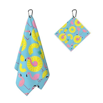 Flamingo Paradise Golf Towel for Golf Bags Carts Yellow Circles Pineapples Golf Towels with Clip B;ue Waffle Towels Cleaning Cloth 2 Packs for Men Golfer Accessories, Birthday Present - color: Yellow Pink